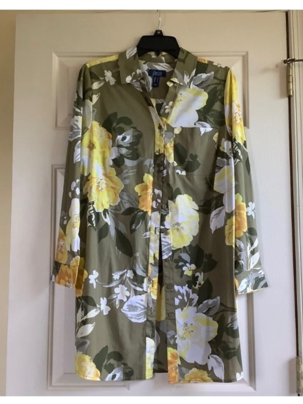 Denim & Co. Beach Floral Print Button Front Big Shirt Olive Multi SZ M